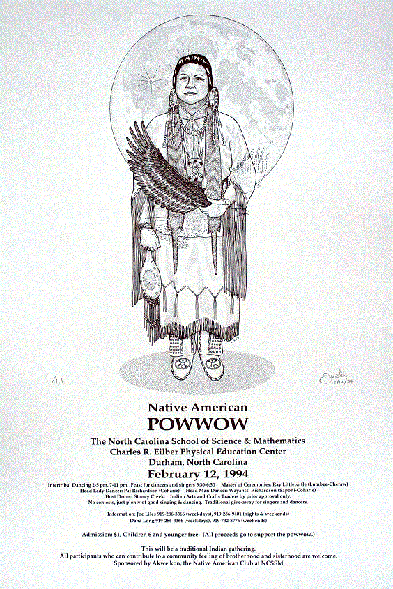 NCCSM Powwow<BR>1994<BR>20in x 26in<BR>Forest Green on Off-White Paper<BR>Number Produced: 111<BR>$30