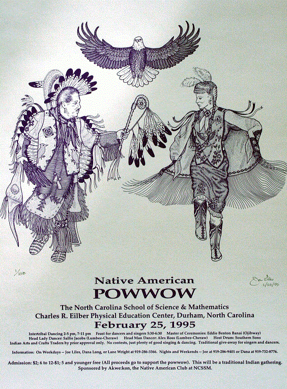 NCSSM Powwow<BR>1995<BR>20in x 26in<BR>Dark Blue on Off-White Paper<BR>Number Produced: 108<BR>$30