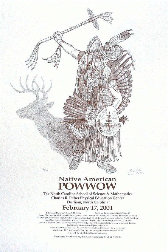 NCSSM Powwow<BR>2001<BR>20in x 26in<BR>Brown on Off-White Paper<BR>Number Produced: 111<BR>$30