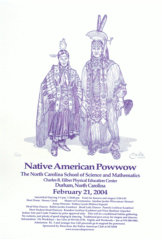 NCSSM Powwow<BR>2004<BR>20in x 26in<BR>Blue-Green on Off-White Paper<BR>Number Produced: 122<BR>$30