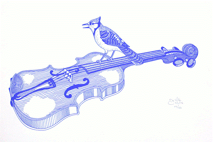 Blue Jay and Fiddle<BR>1978<BR>20in x 26in<BR>Gray Paper<BR>Colors: 1<BR>Number Produced: 100<BR>$25