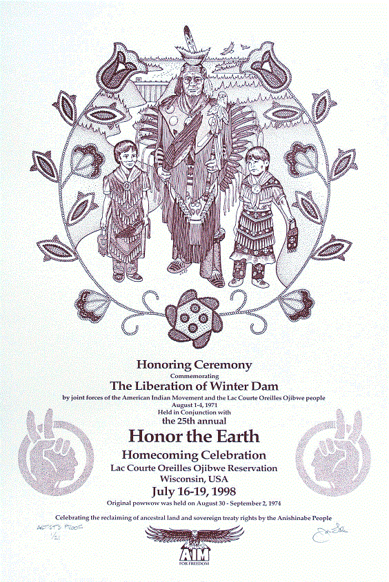 Honor the Earth Powwow<BR>1998<BR>20in x 26in<BR>Red on Off-White Paper<BR>Number Produced: 21<BR>$50
